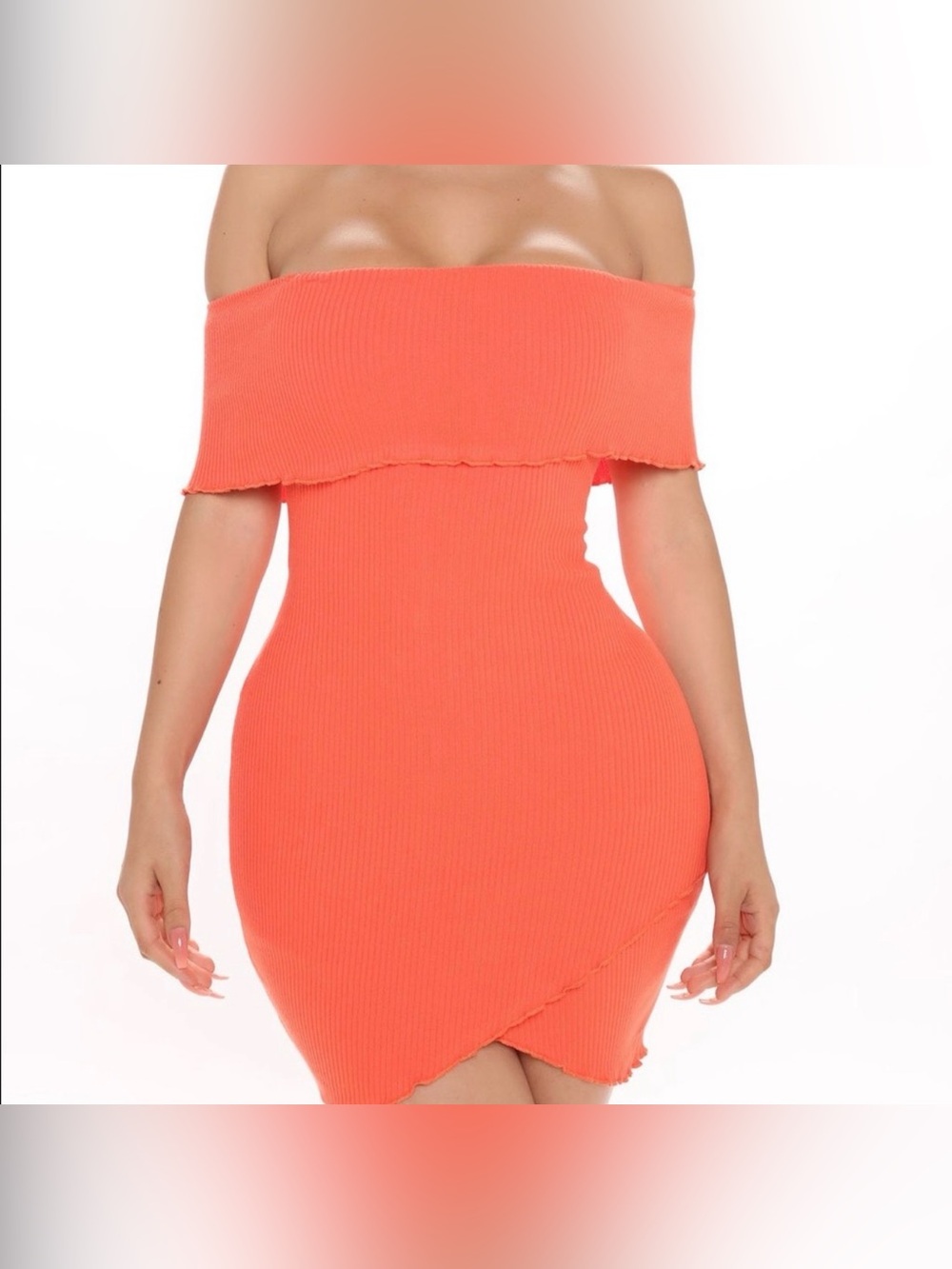 Fashion Nova Off-Shoulder Coral Ribbed Mini Dress